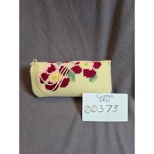 Floral Needlepoint Clutch Purse Cream Beaded Strap Handmade Cottagecore Bag